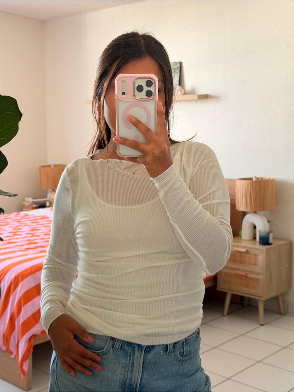 Abercrombie & Fitch White Ribbed Long-Sleeve Scoop Neck Top